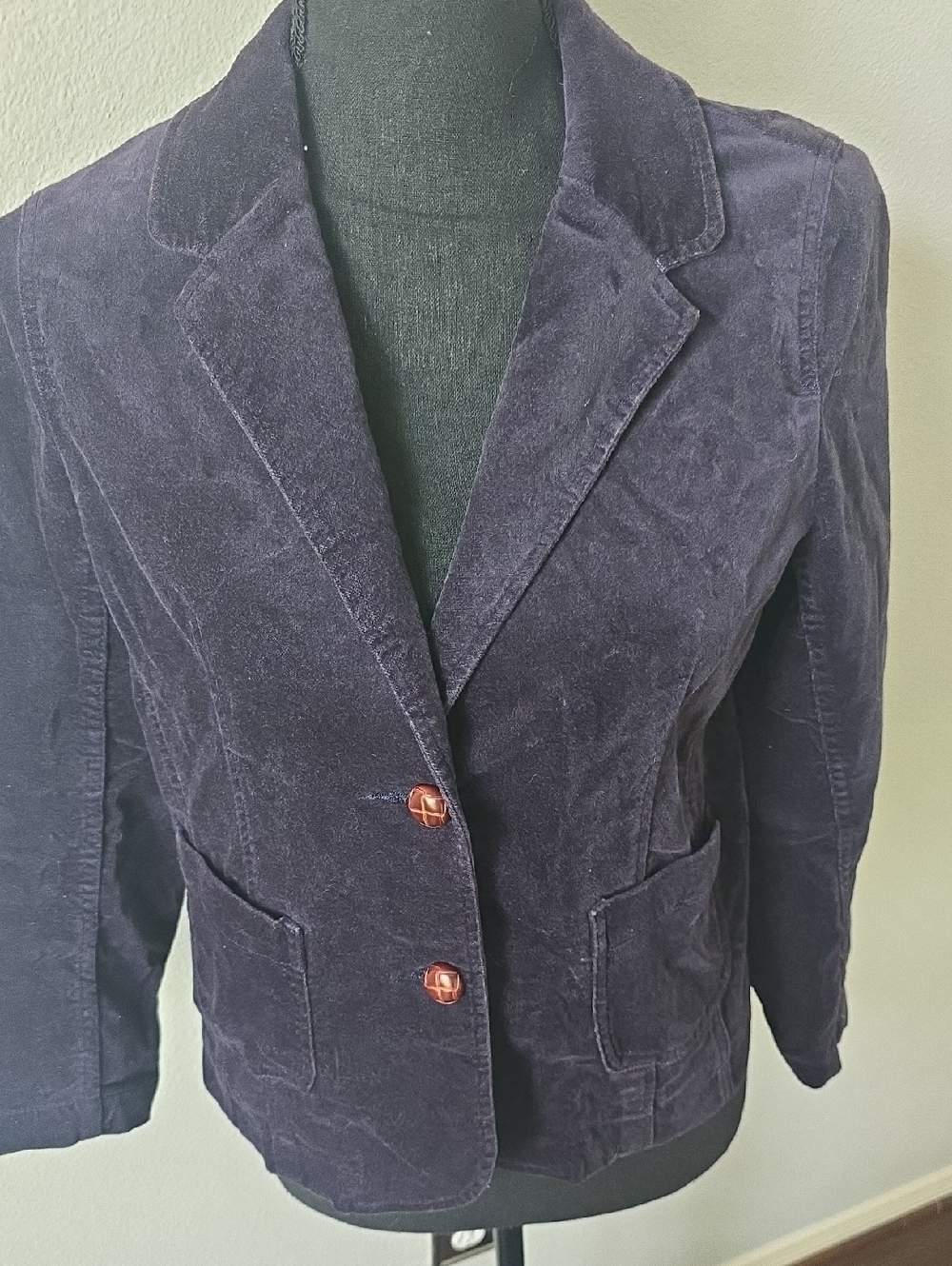 Lands' End Navy Soft Velvet Blazer with Leather Buttons